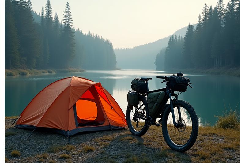 Fully loaded bikepacking setup on a gravel bike, parked beside a tent in a scenic wilderness spot